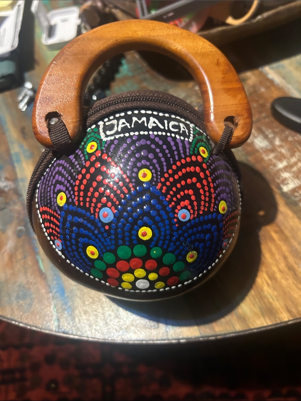 Hand-Painted Jamaica Dot-Pattern Round Women's Bag with Wood Handle